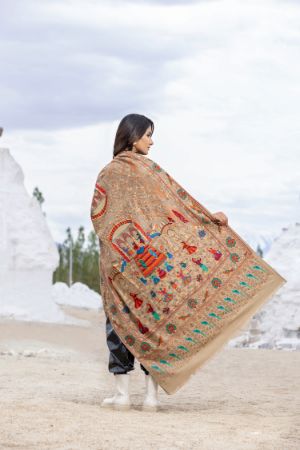 Heritage Mughal Darbaar Woolen Shawl for Women - Soft Beige