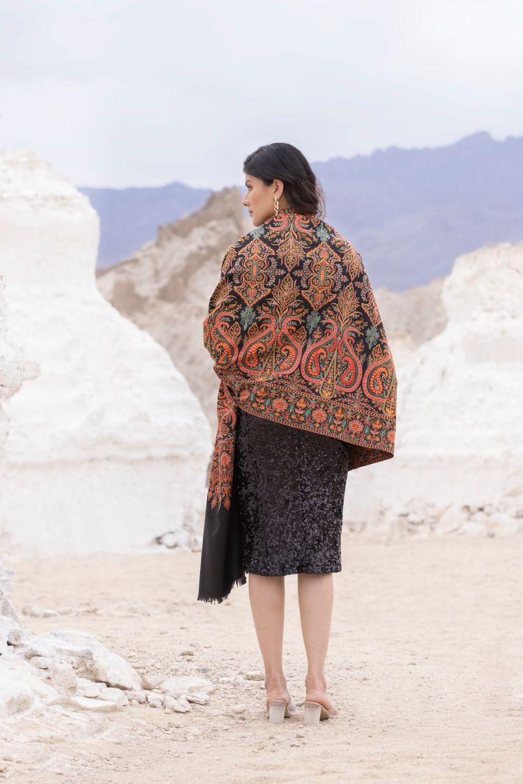 Heritage Embroidered Jaal Jamawar Shawl for Women - Charcoal Black