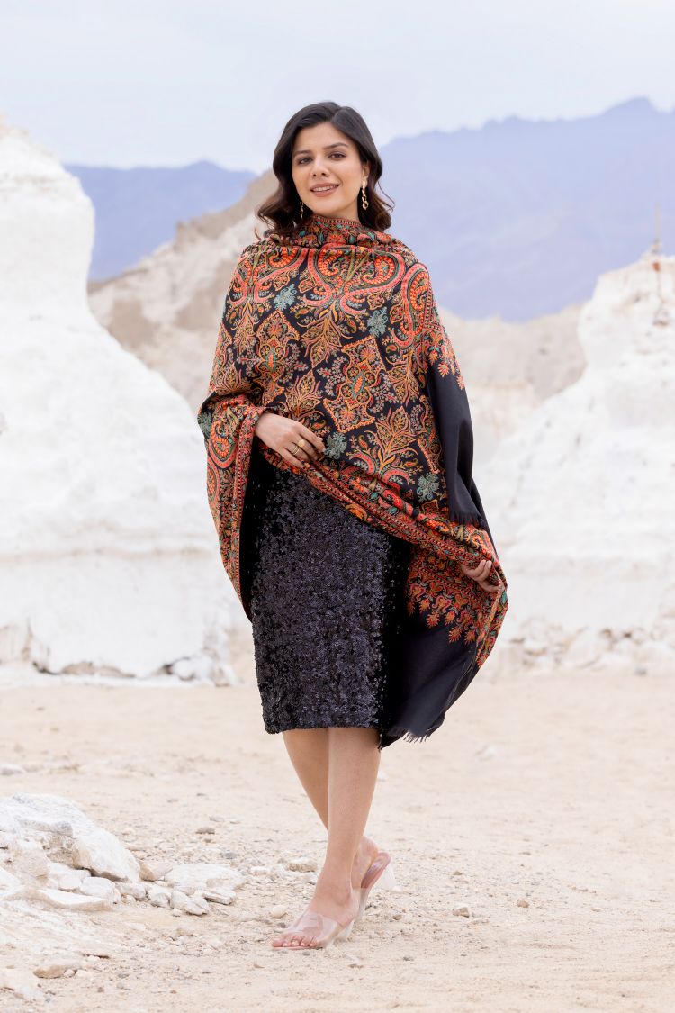 Heritage Embroidered Jaal Jamawar Shawl for Women - Charcoal Black