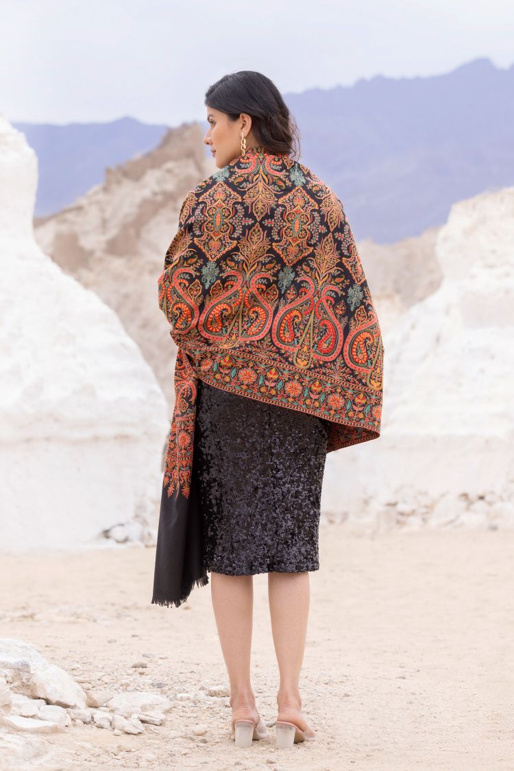 Heritage Embroidered Jaal Jamawar Shawl for Women - Charcoal Black