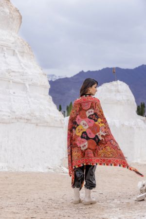 Printed Shawl with Aari Embroidery for Women - Floral Motifs