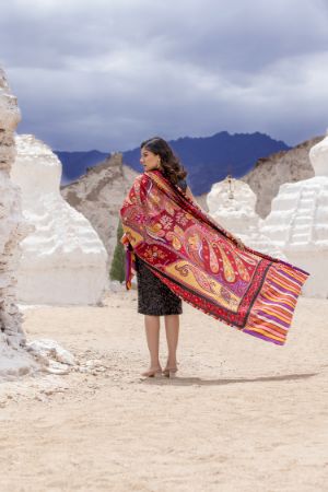 Printed Shawl with Aari Embroidery for Women - Pasiley Motifs