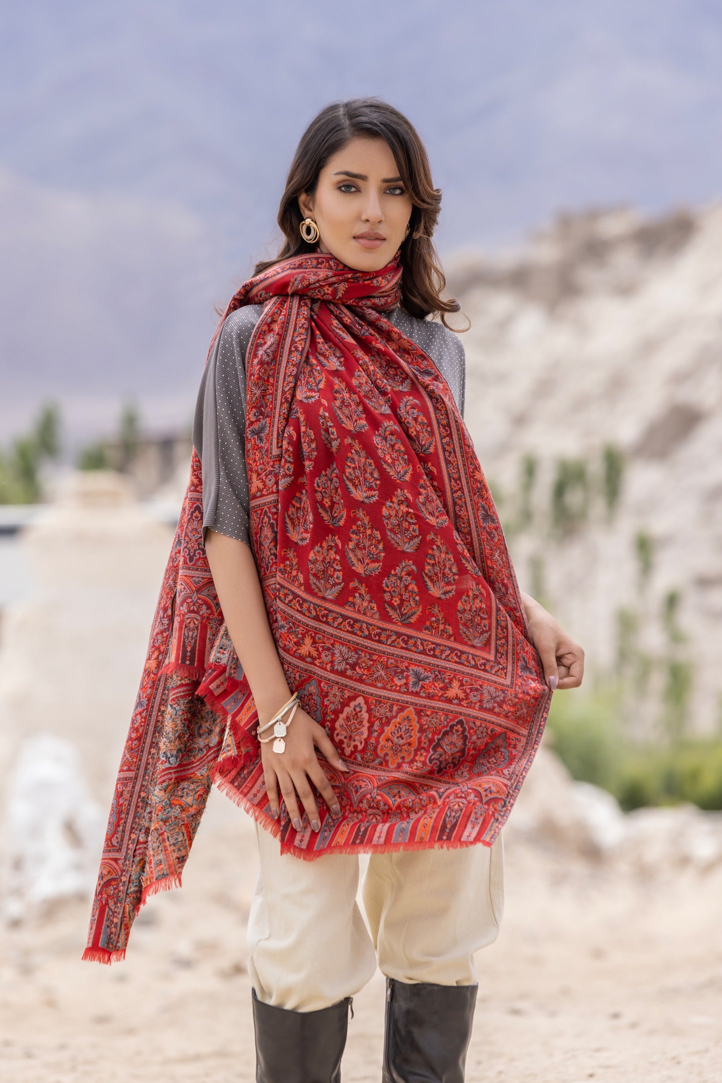 Women's Wool Blend Antique Shawl with Booti Design - Ruby Red