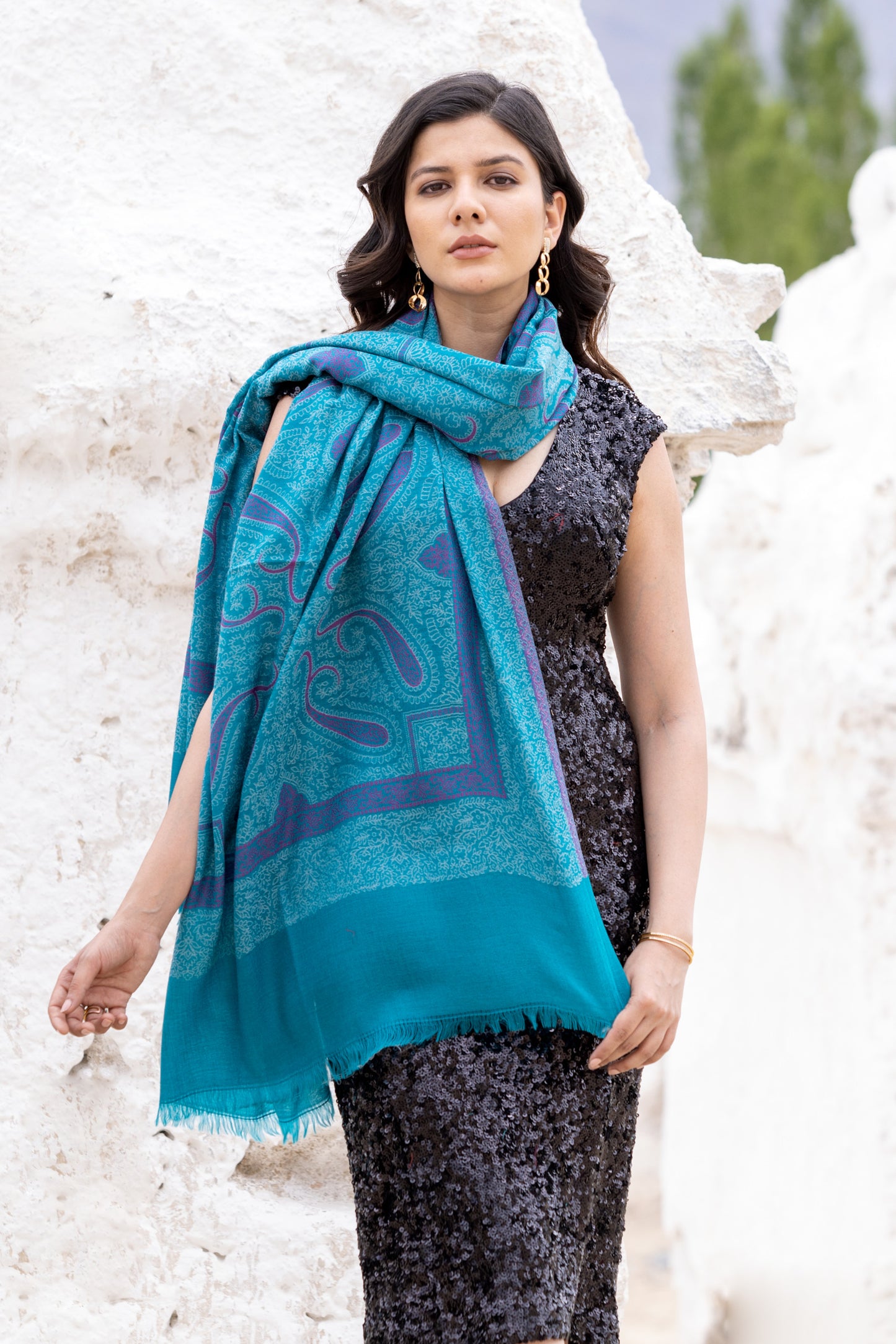 Women's Traditional Ethnic Weave Woollen Shawl - Breezy Blue