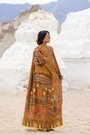 Heritage Mughal Darbaar Woolen Shawl for Women - Amber Yellow