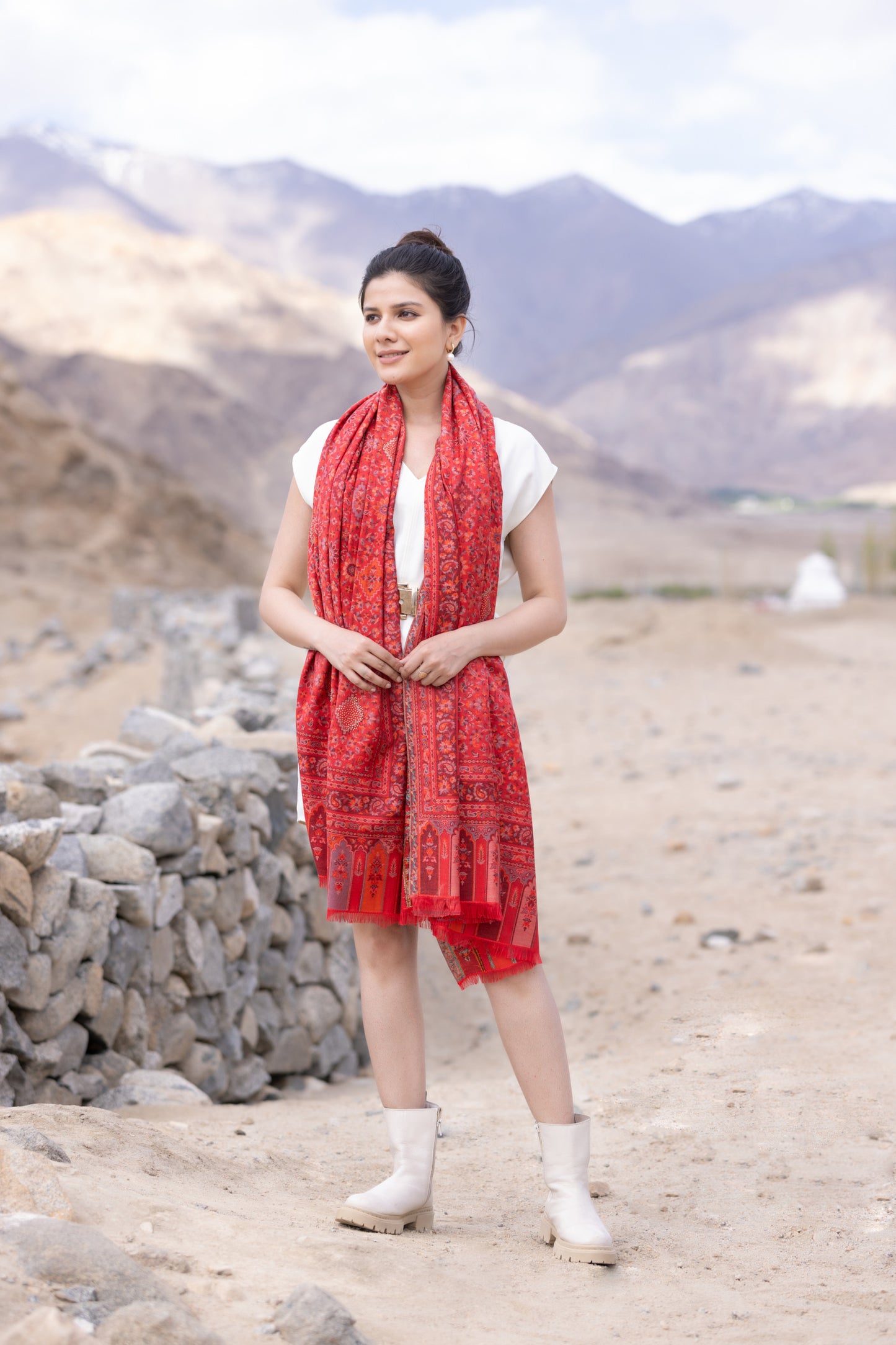 Antique Kashmiri Kani Stole with Sarvosk for Women - Crimson Red