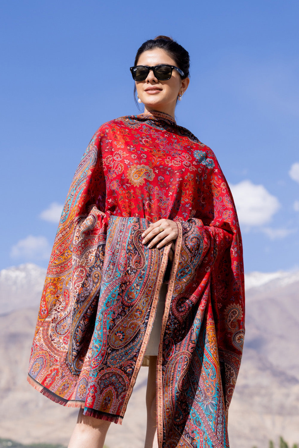 Pashmina Faux Gulabdar Traditional Kani Shawl - Crimson Red