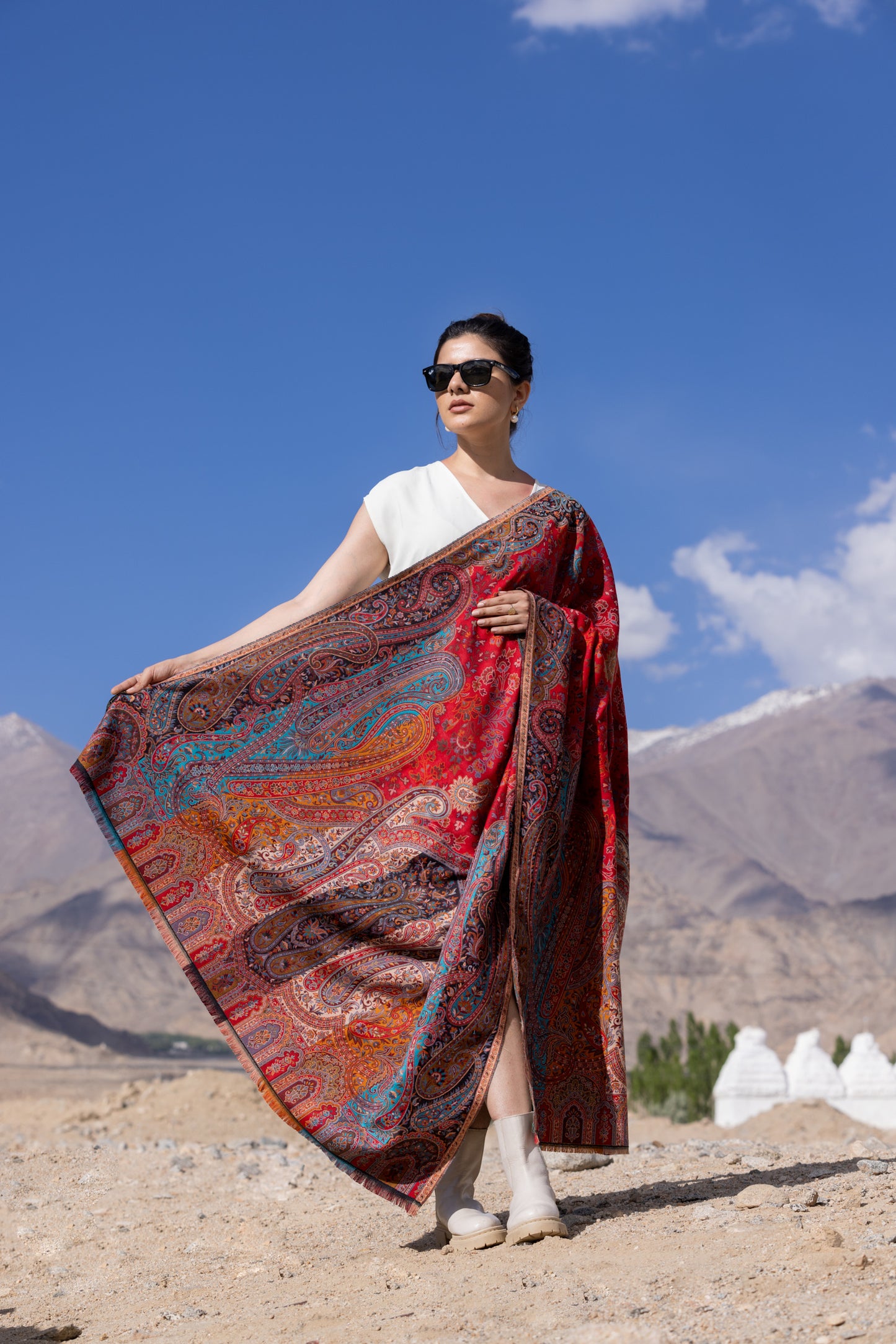 Pashmina Faux Gulabdar Traditional Kani Shawl - Crimson Red