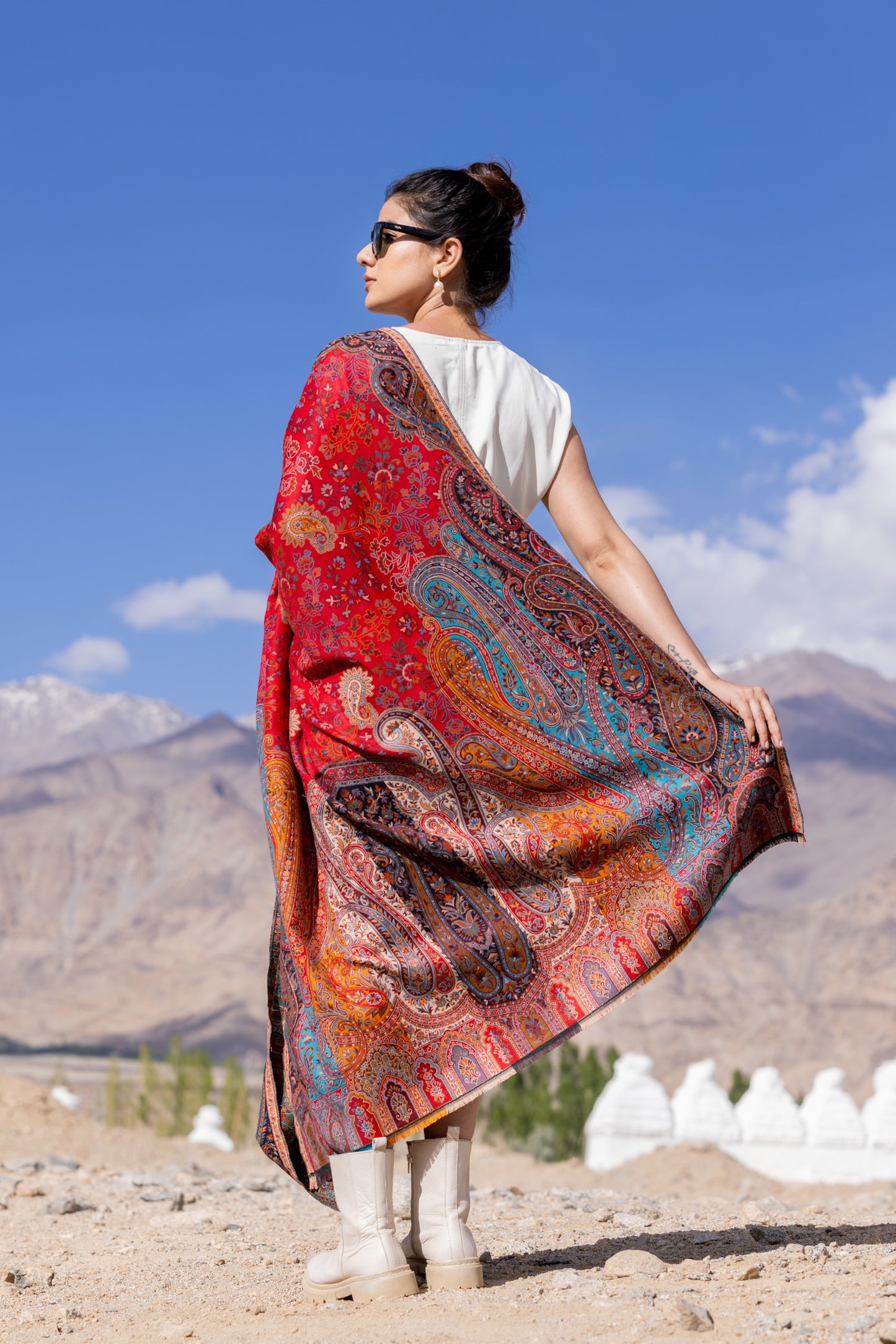 Pashmina Faux Gulabdar Traditional Kani Shawl - Crimson Red