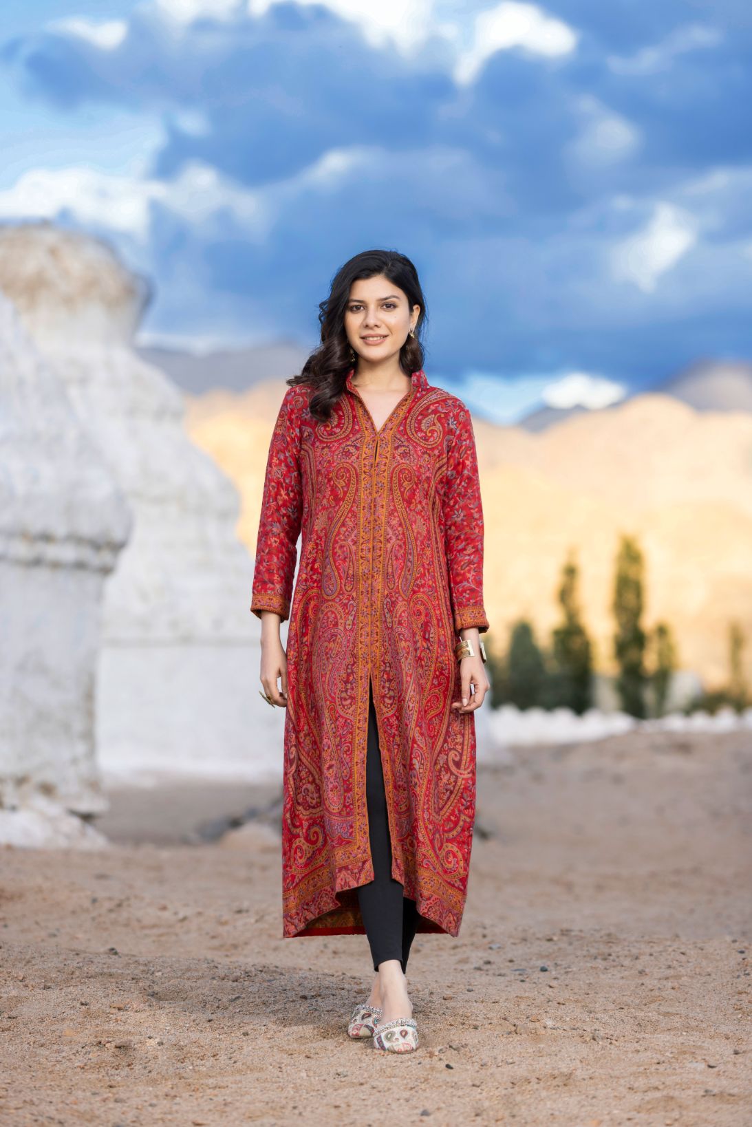 Unstiched Vintage Jamawar Jacket for Women - Rustic Red