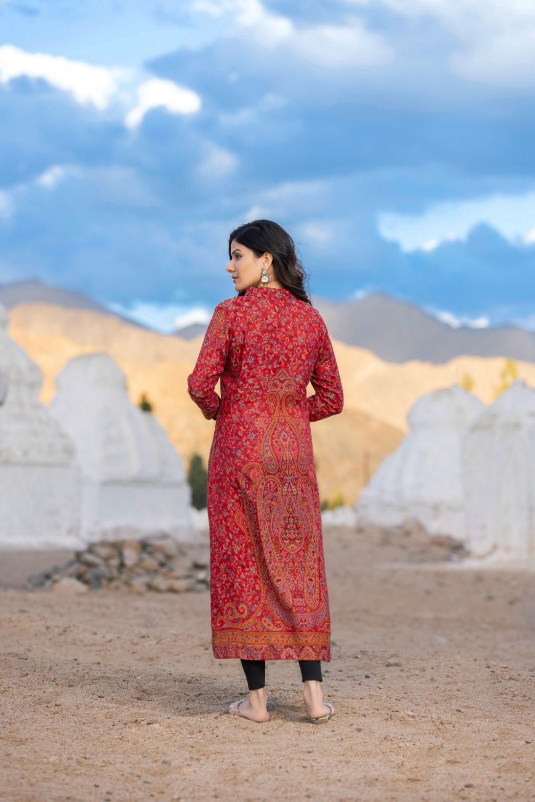 Unstiched Vintage Jamawar Jacket for Women - Rustic Red