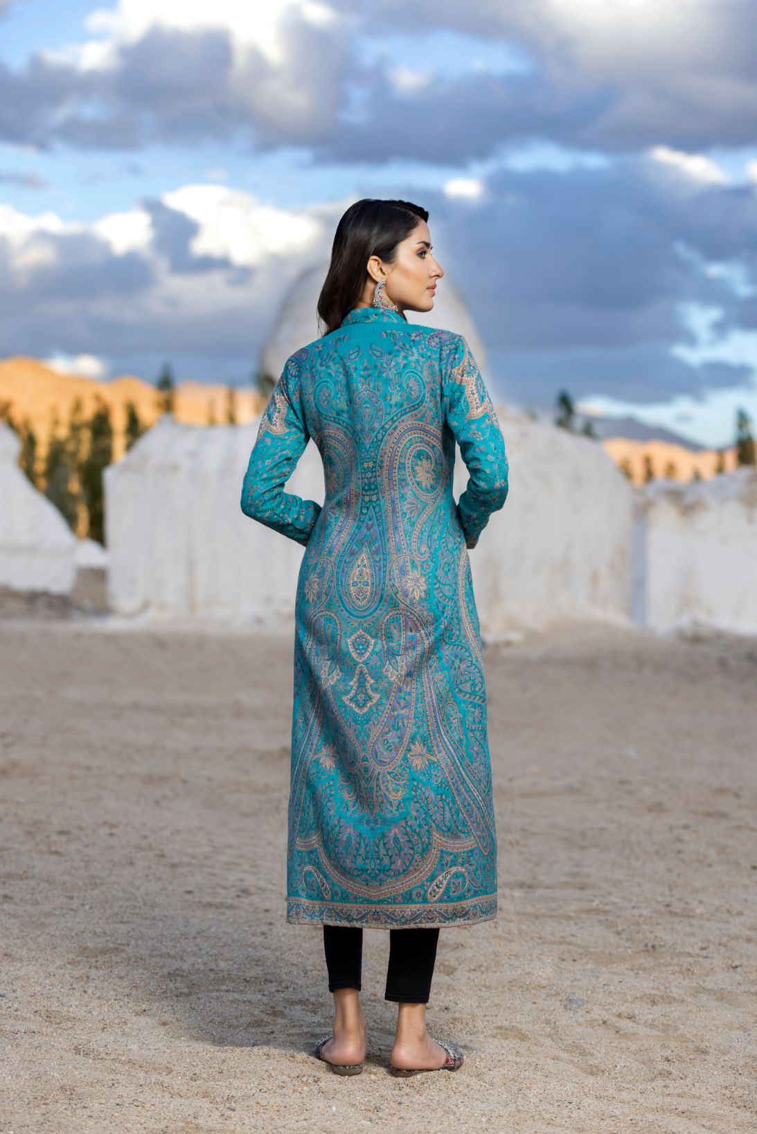 Unstiched Vintage Jamawar Jacket for Women - Ink Blue