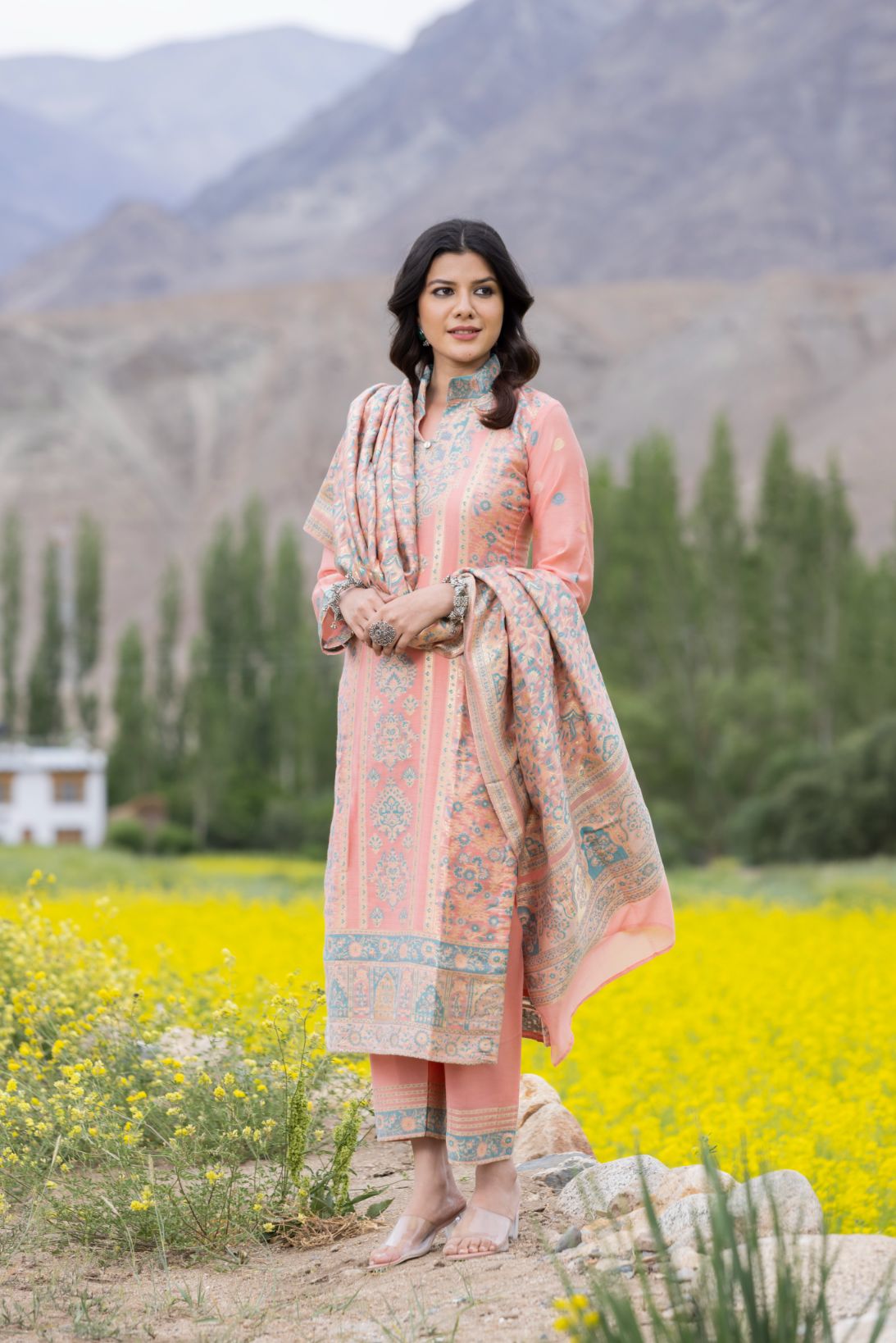 Traditional Kani Zari Suit For Women (Unstitched) - Peach Passion