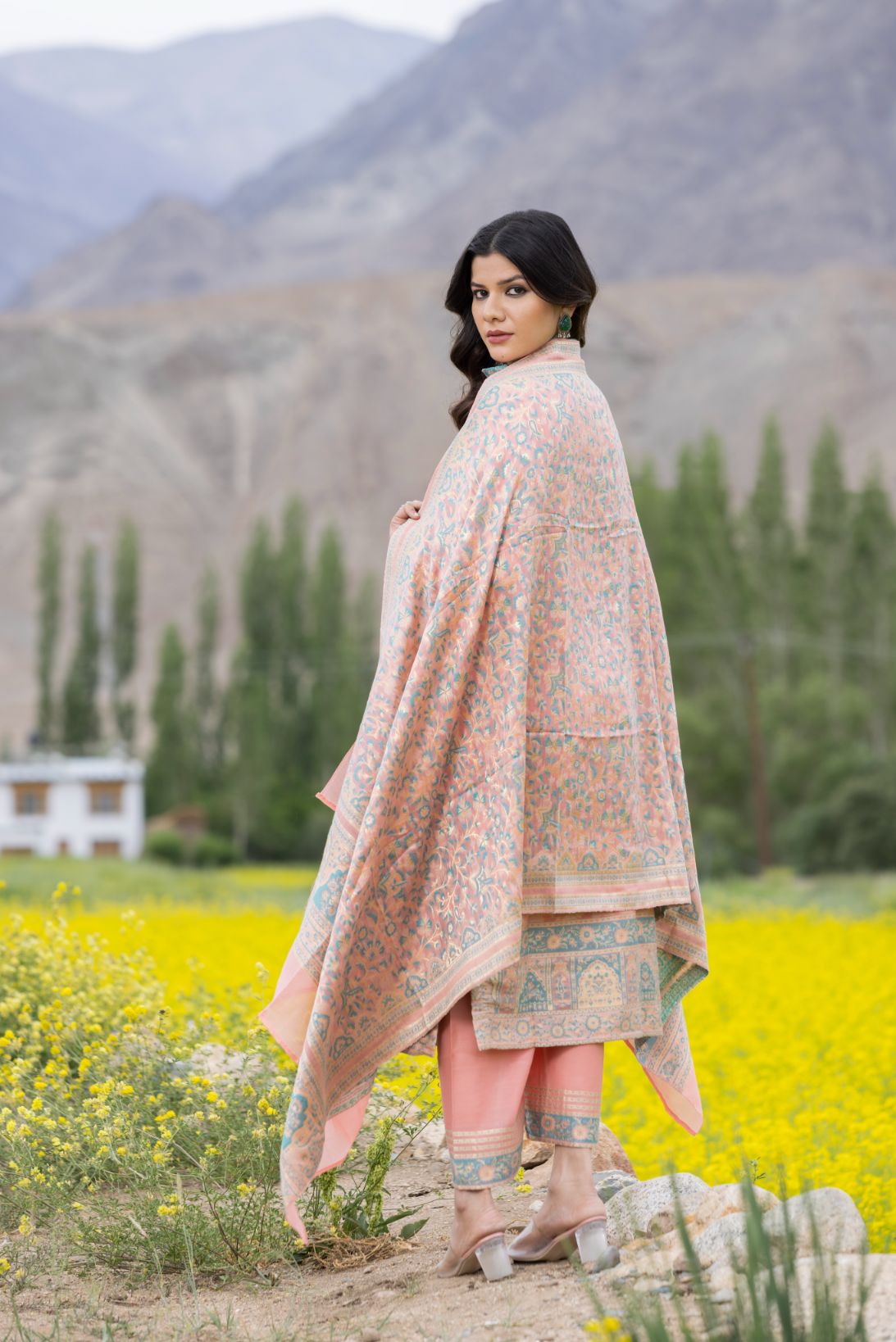 Traditional Kani Zari Suit For Women (Unstitched) - Peach Passion