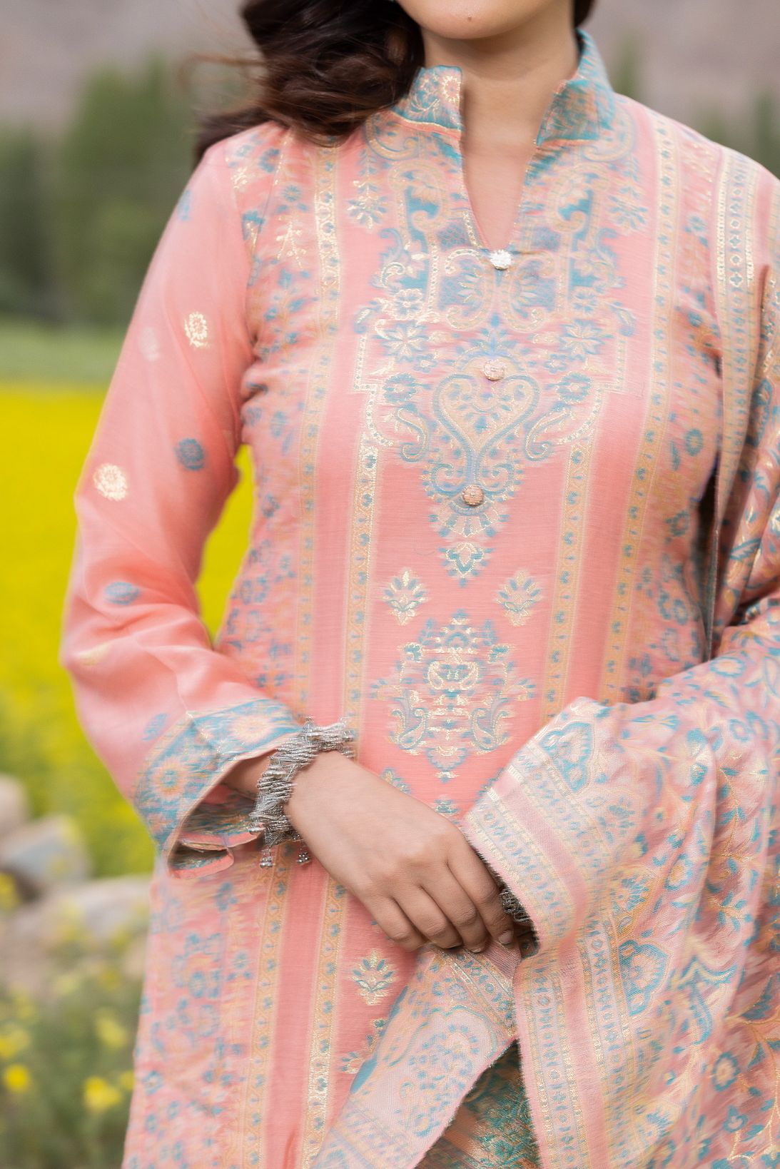 Traditional Kani Zari Suit For Women (Unstitched) - Peach Passion