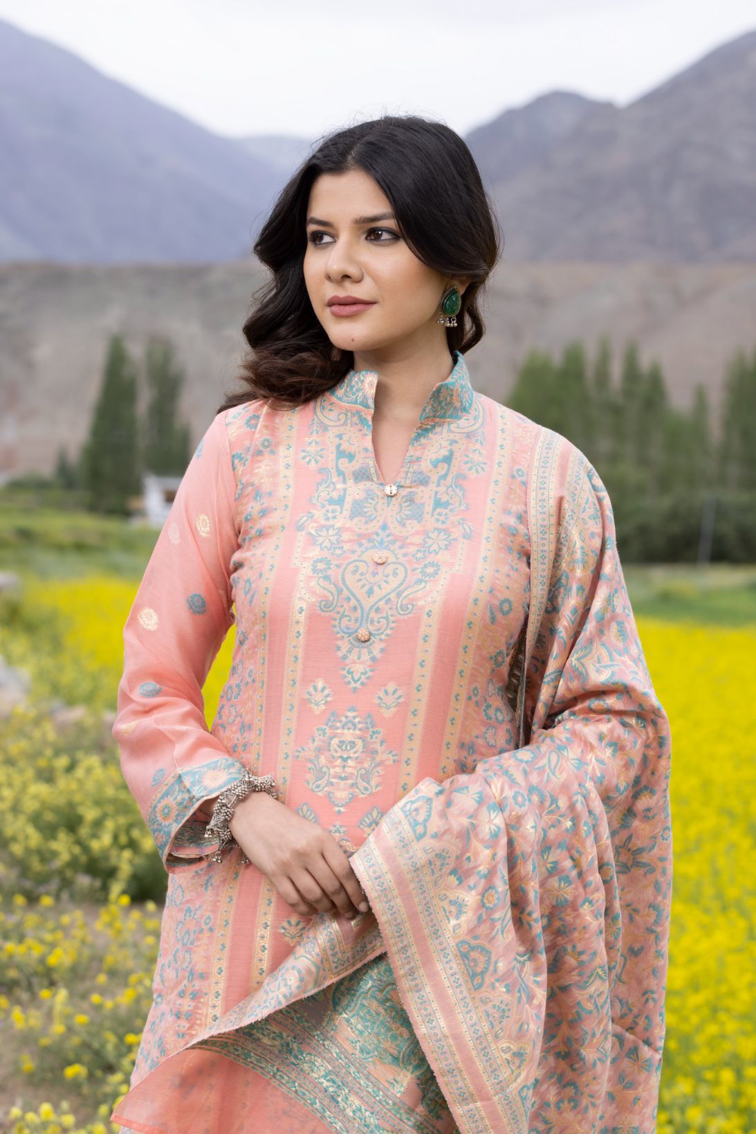 Traditional Kani Zari Suit For Women (Unstitched) - Peach Passion