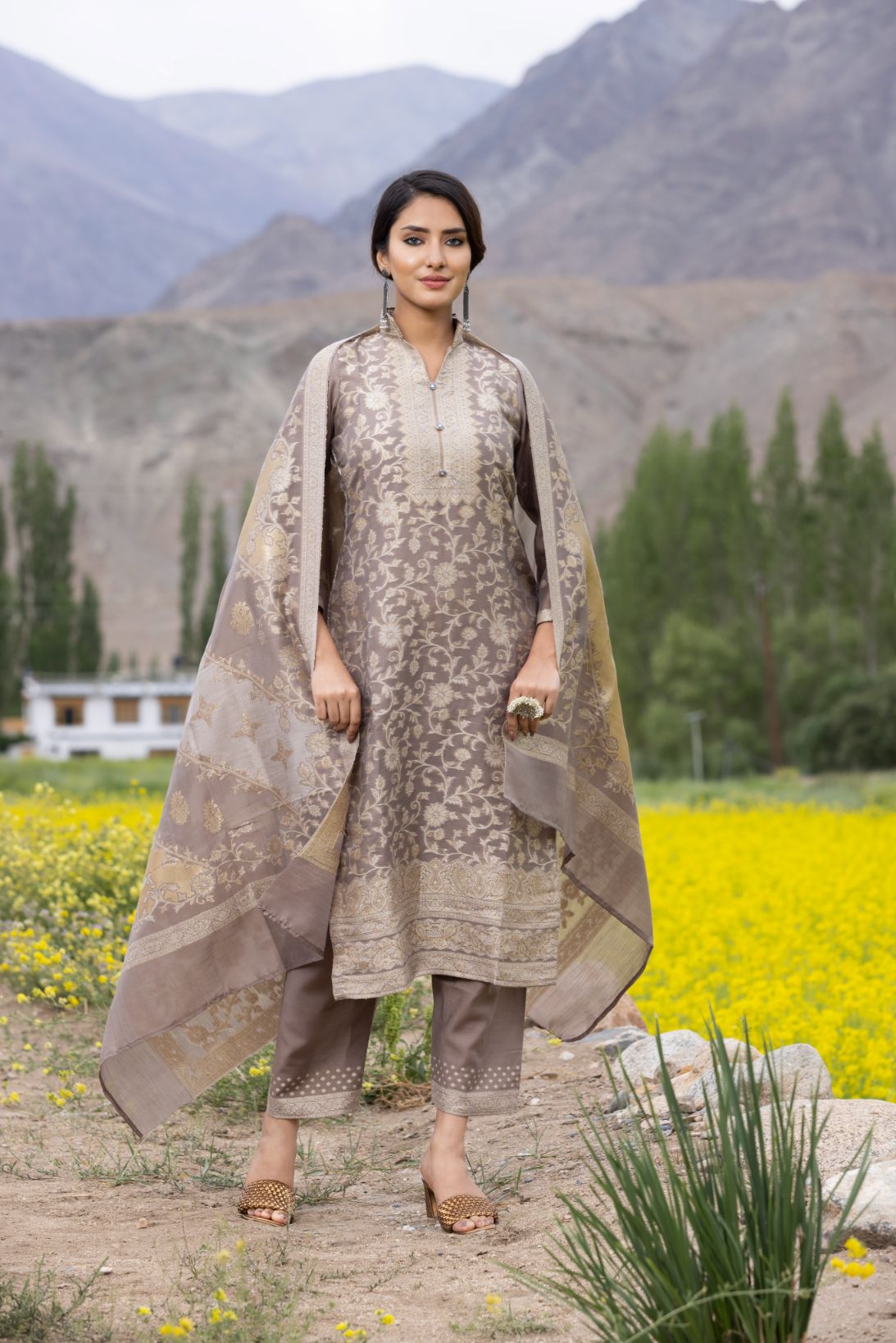 Traditional Kani Zari Suit For Women (Unstitched) - Subtle Fawn