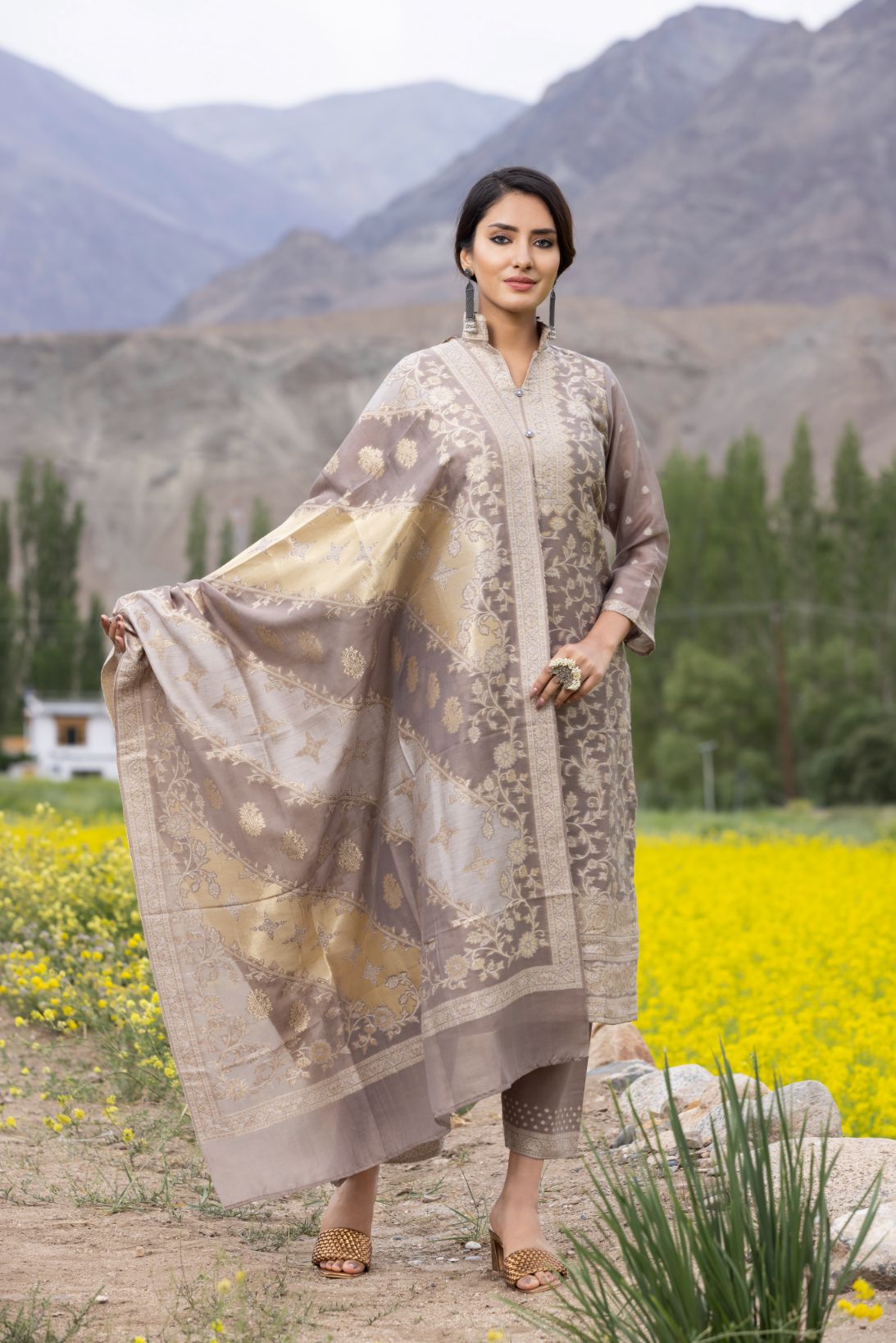 Traditional Kani Zari Suit For Women (Unstitched) - Subtle Fawn