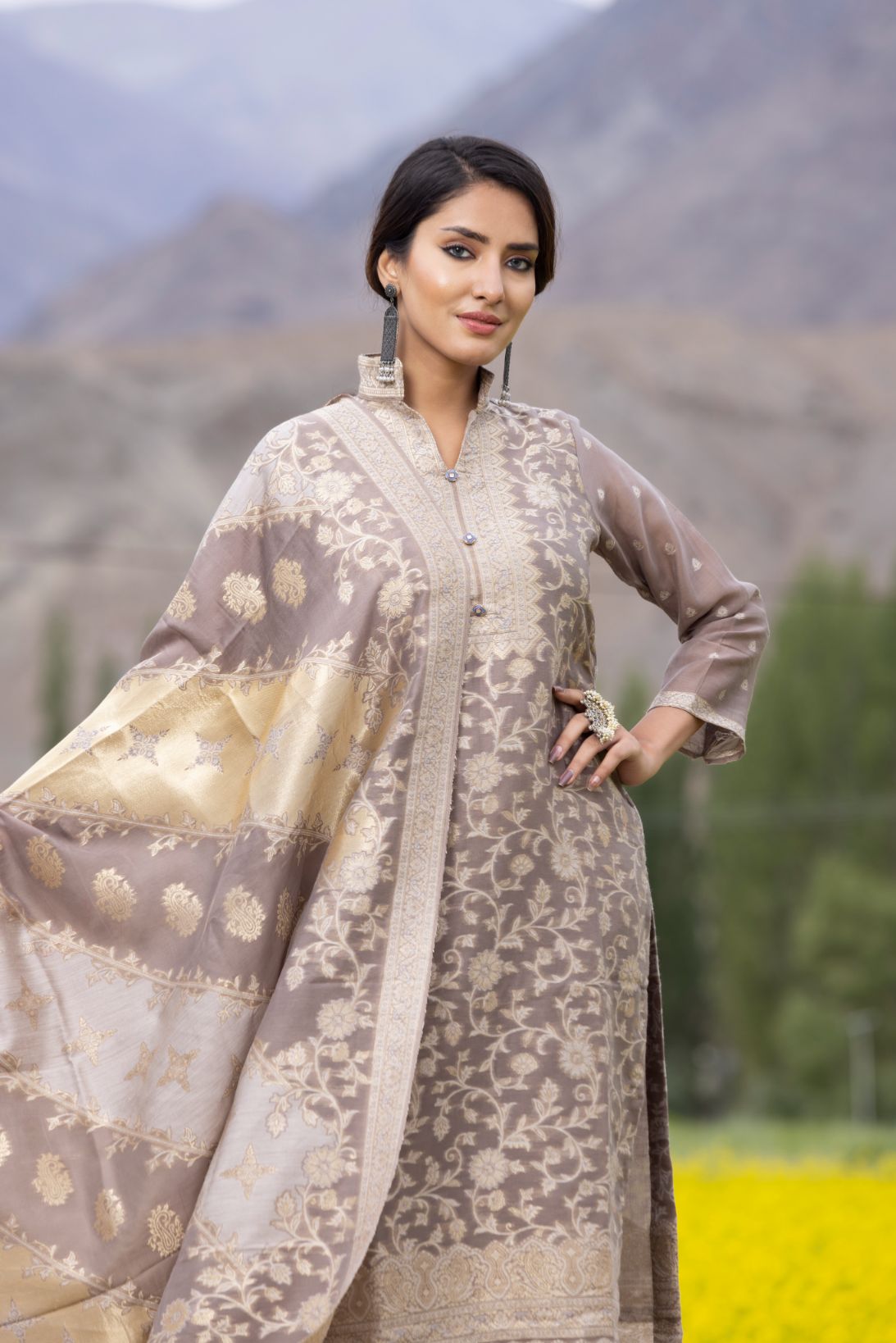 Traditional Kani Zari Suit For Women (Unstitched) - Subtle Fawn