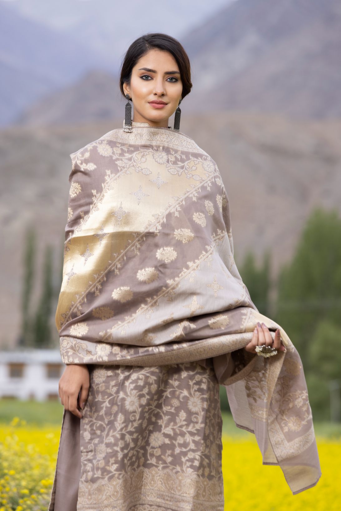 Traditional Kani Zari Suit For Women (Unstitched) - Subtle Fawn