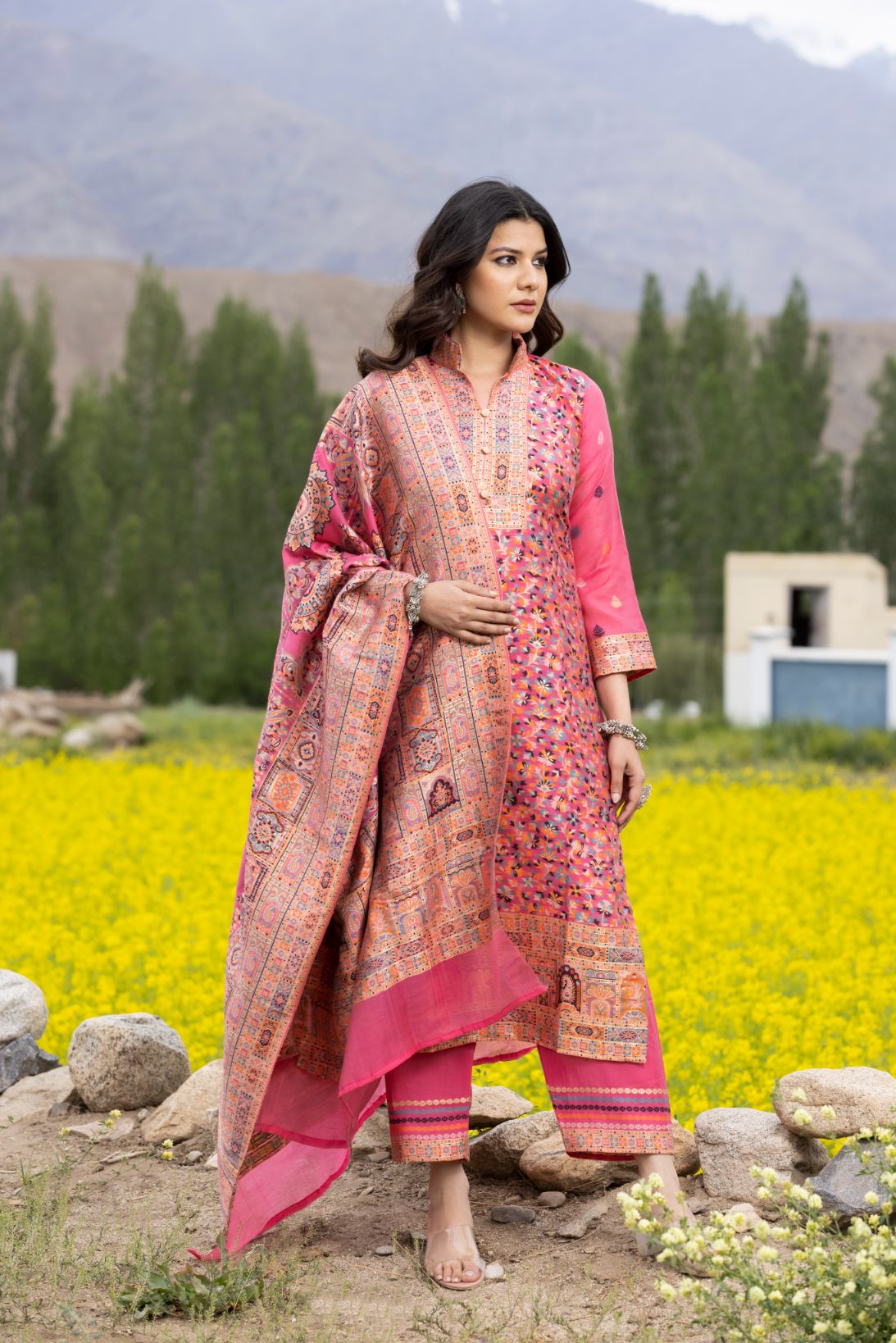 Traditional Kani Zari Suit For Women (Unstitched) - Romantic Pink