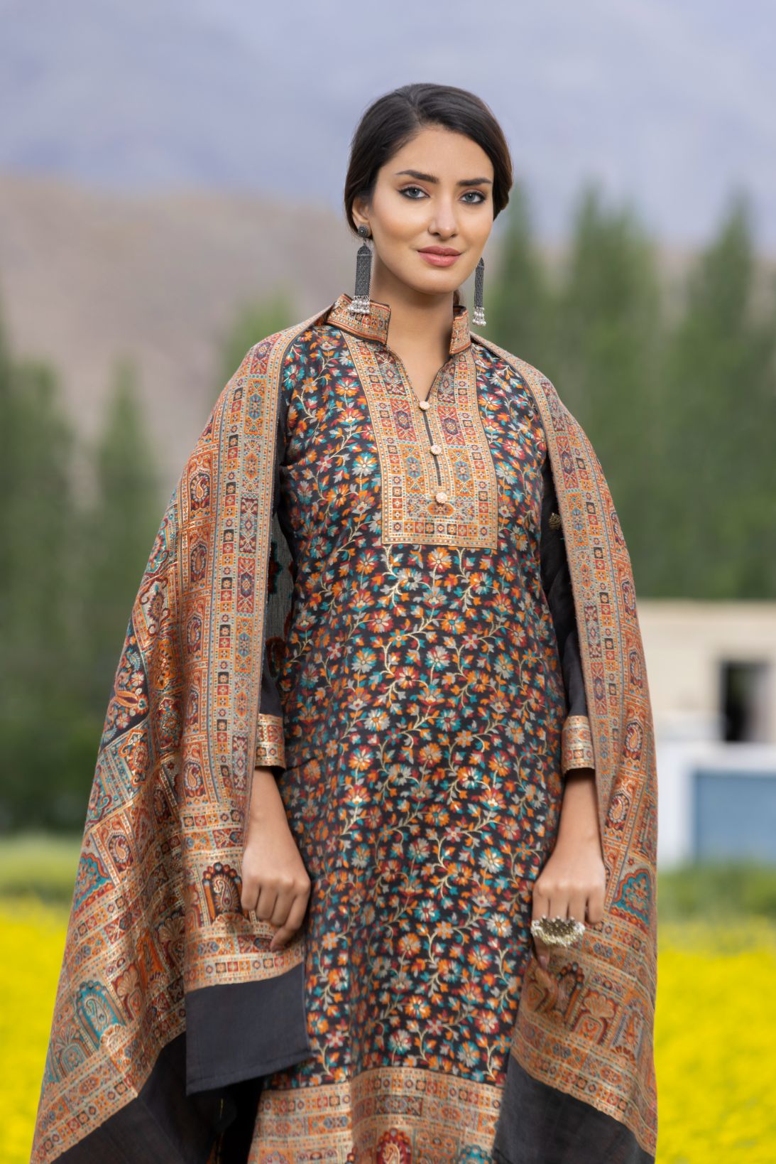 Traditional Kani Zari Suit For Women (Unstitched) - Dramatic Black