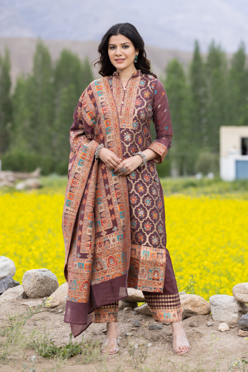 Traditional Kani Zari Suit For Women (Unstitched) - Rich Maroon