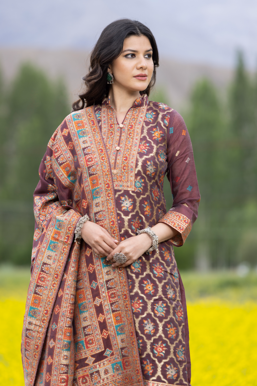 Traditional Kani Zari Suit For Women (Unstitched) - Rich Maroon