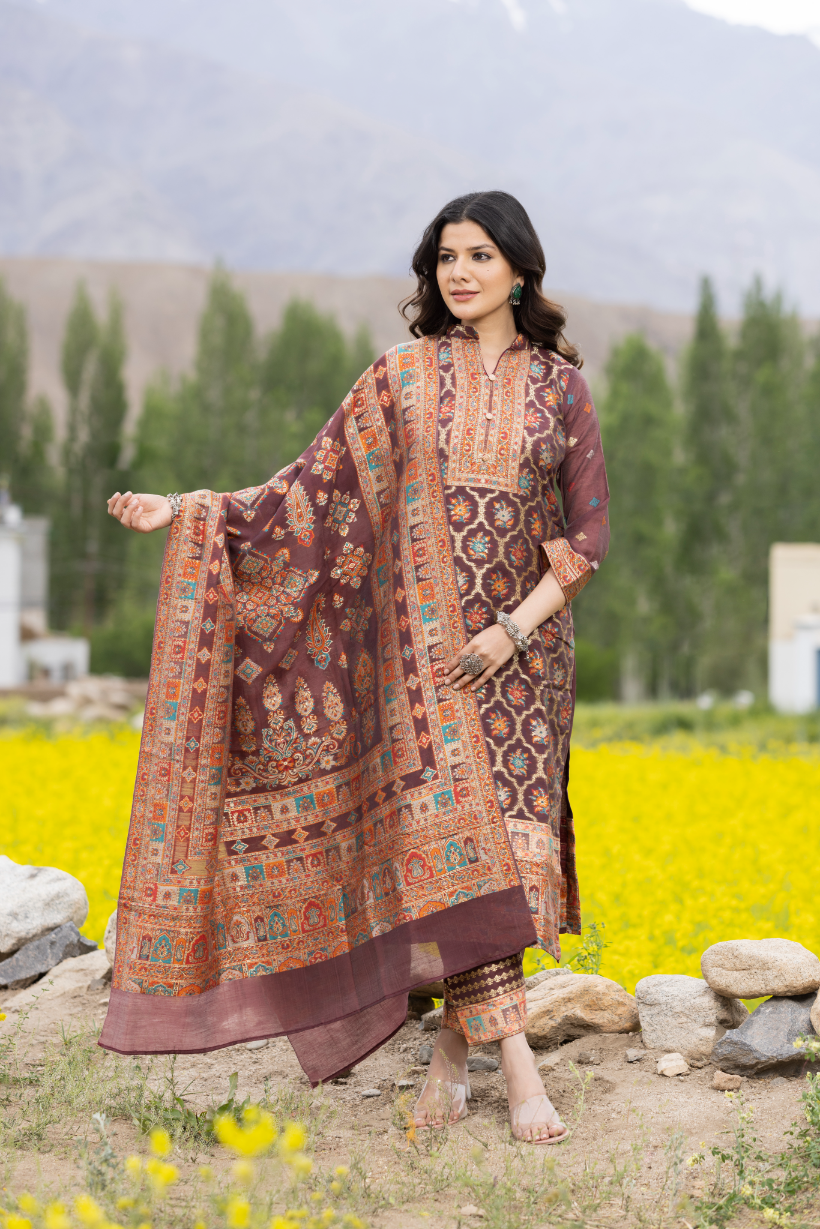 Traditional Kani Zari Suit For Women (Unstitched) - Rich Maroon