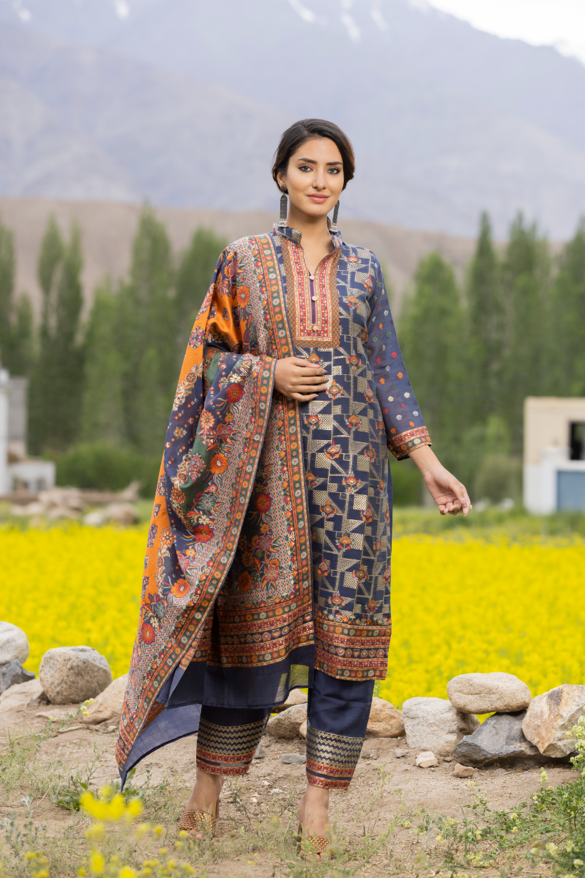Traditional Kani Zari Suit For Women (Unstitched) - Royal Blue