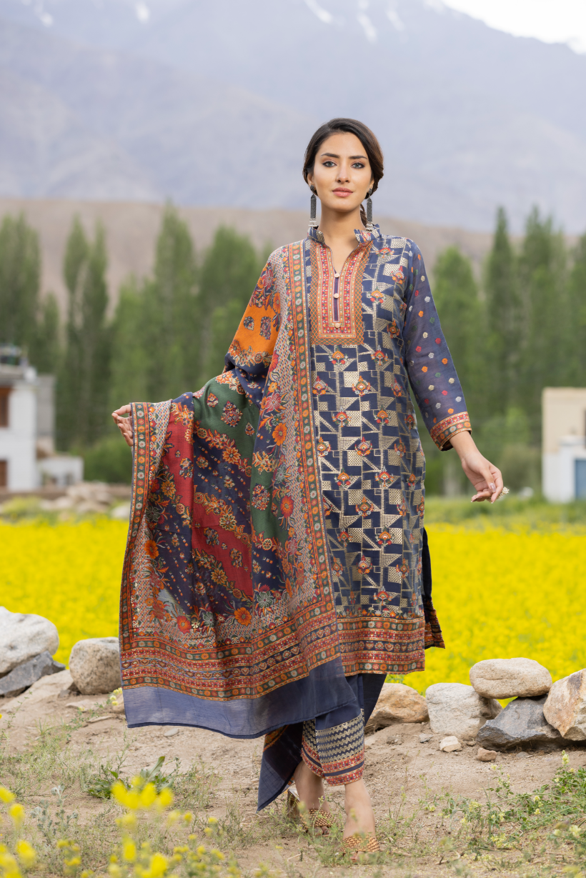 Traditional Kani Zari Suit For Women (Unstitched) - Royal Blue