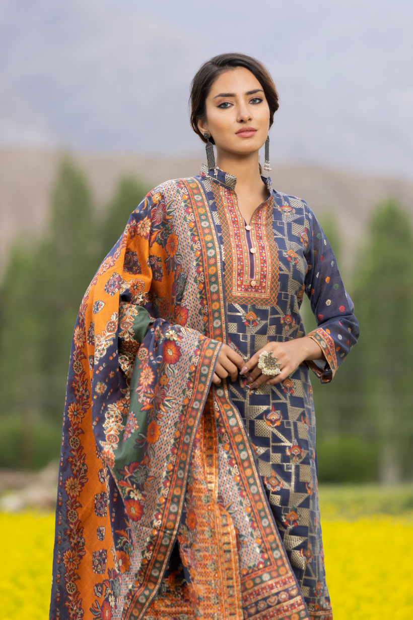 Traditional Kani Zari Suit For Women (Unstitched) - Royal Blue