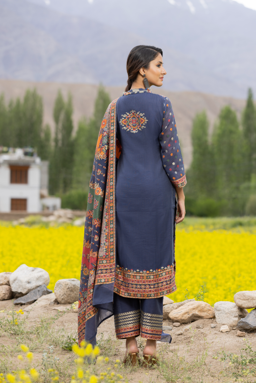 Traditional Kani Zari Suit For Women (Unstitched) - Royal Blue