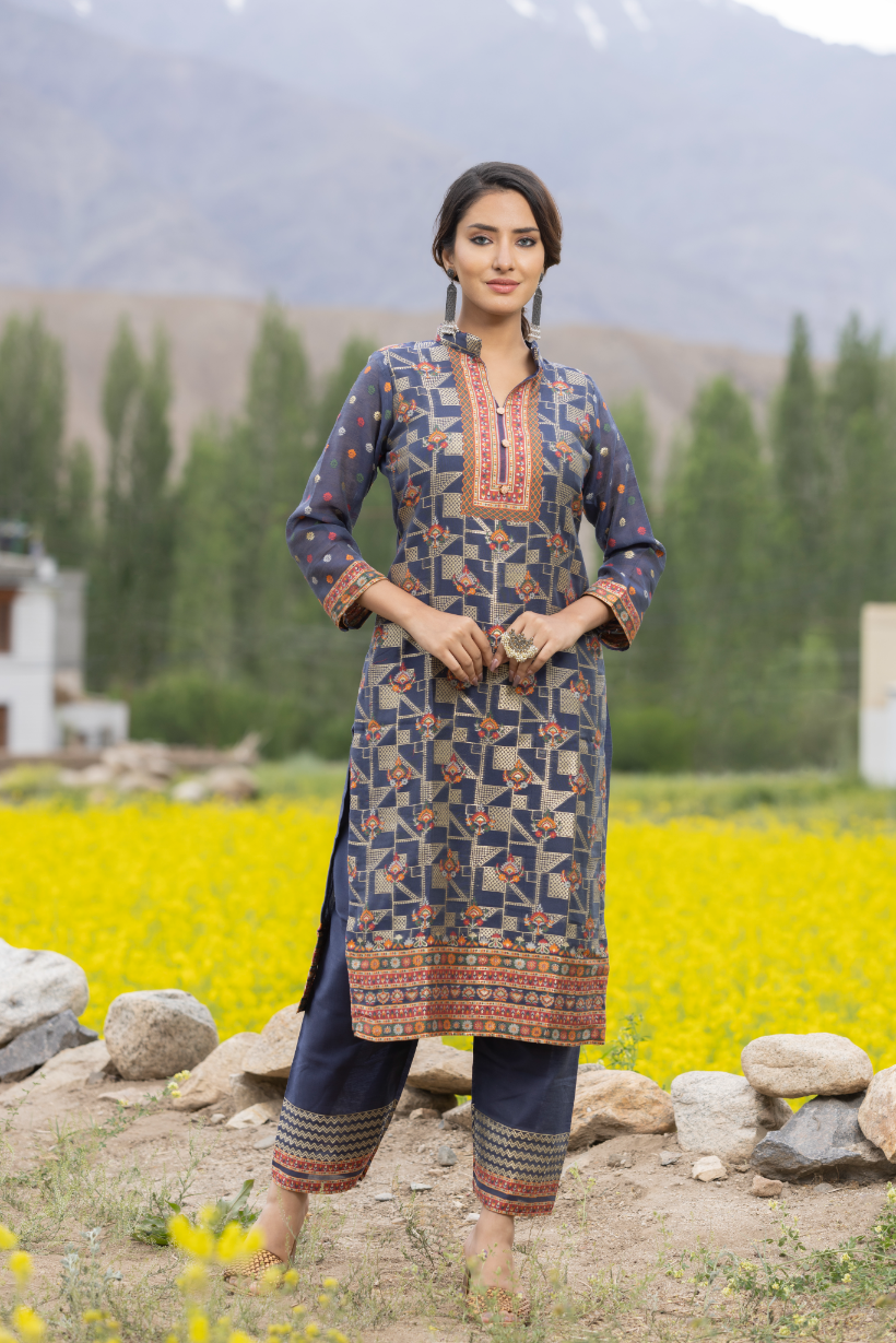 Traditional Kani Zari Suit For Women (Unstitched) - Royal Blue