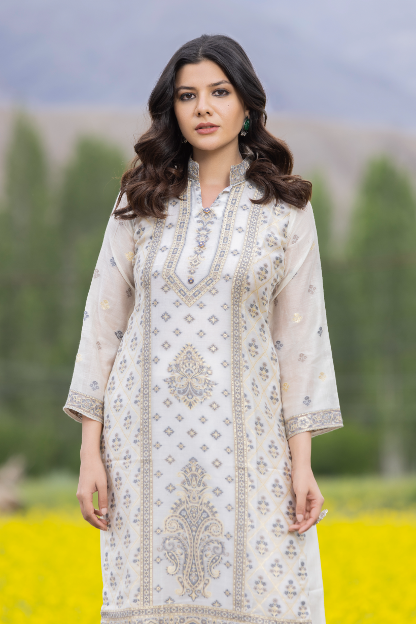 Traditional Kani Zari Suit For Women (Unstitched) - Ivory Indian silk