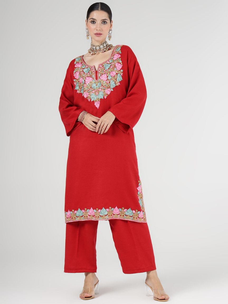 Pashmina Faux Acrylic Phiran Maroon Unstitched Suit for Women
