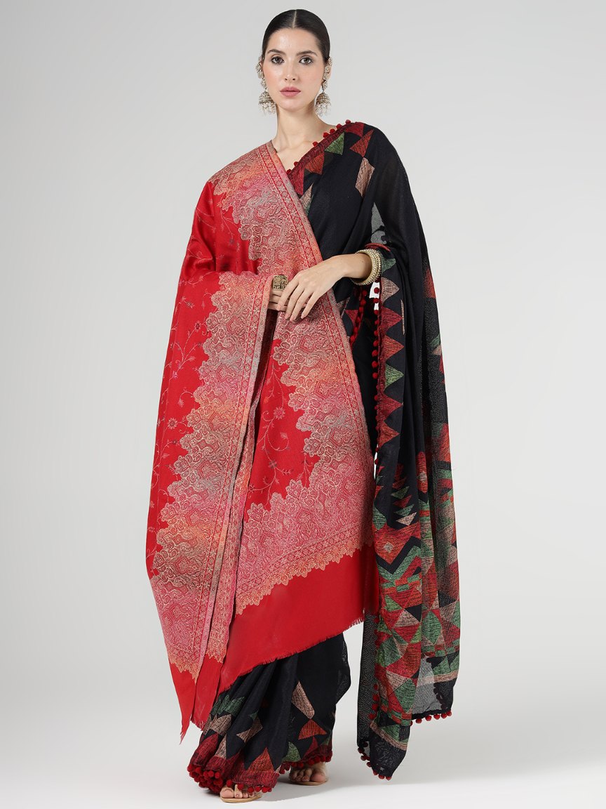 Faux Pashmina Traditional Jamawar Multy Shawl - Scarlet Red | | Full Size, Extra Soft