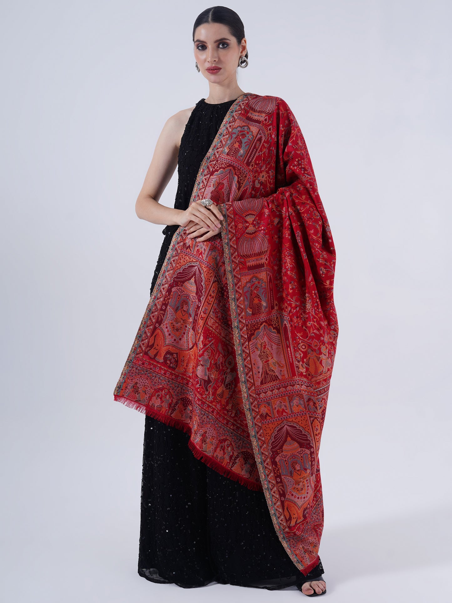 TRADITIONAL MUGHAL DARBAAR POLYSTER BLEND SHAWL-RICH CARAMEL CHARM