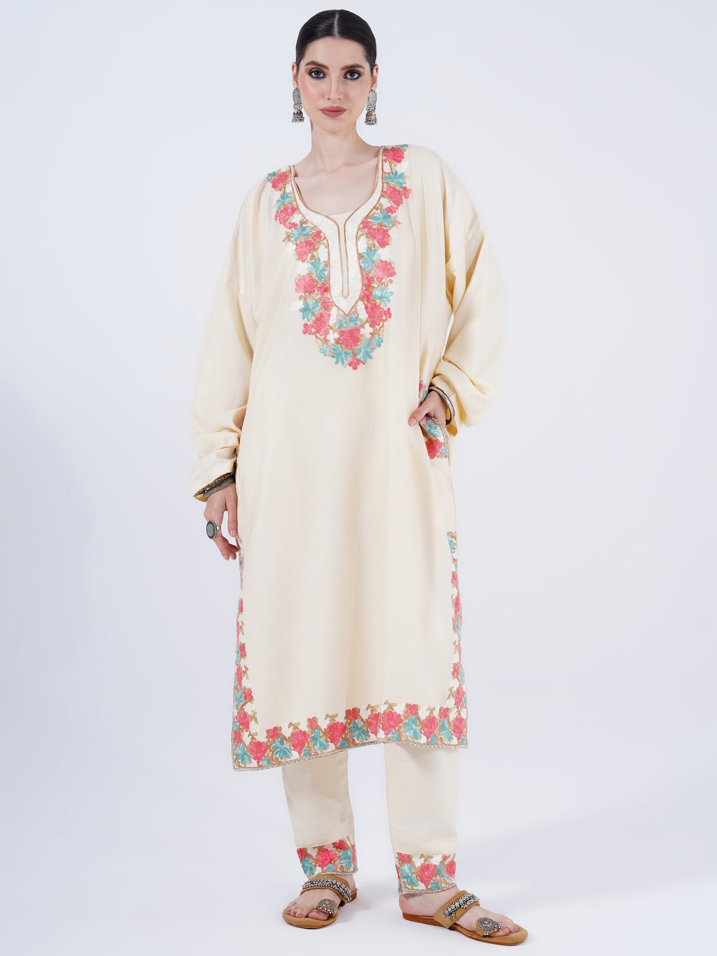 PASHMINA FAUX ACRYLIC PHIRAN OFF-WHITE UNSTITCHED SUIT FOR WOMEN
