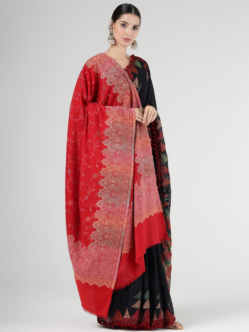 Faux Pashmina Traditional Jamawar Multy Shawl - Scarlet Red | | Full Size, Extra Soft