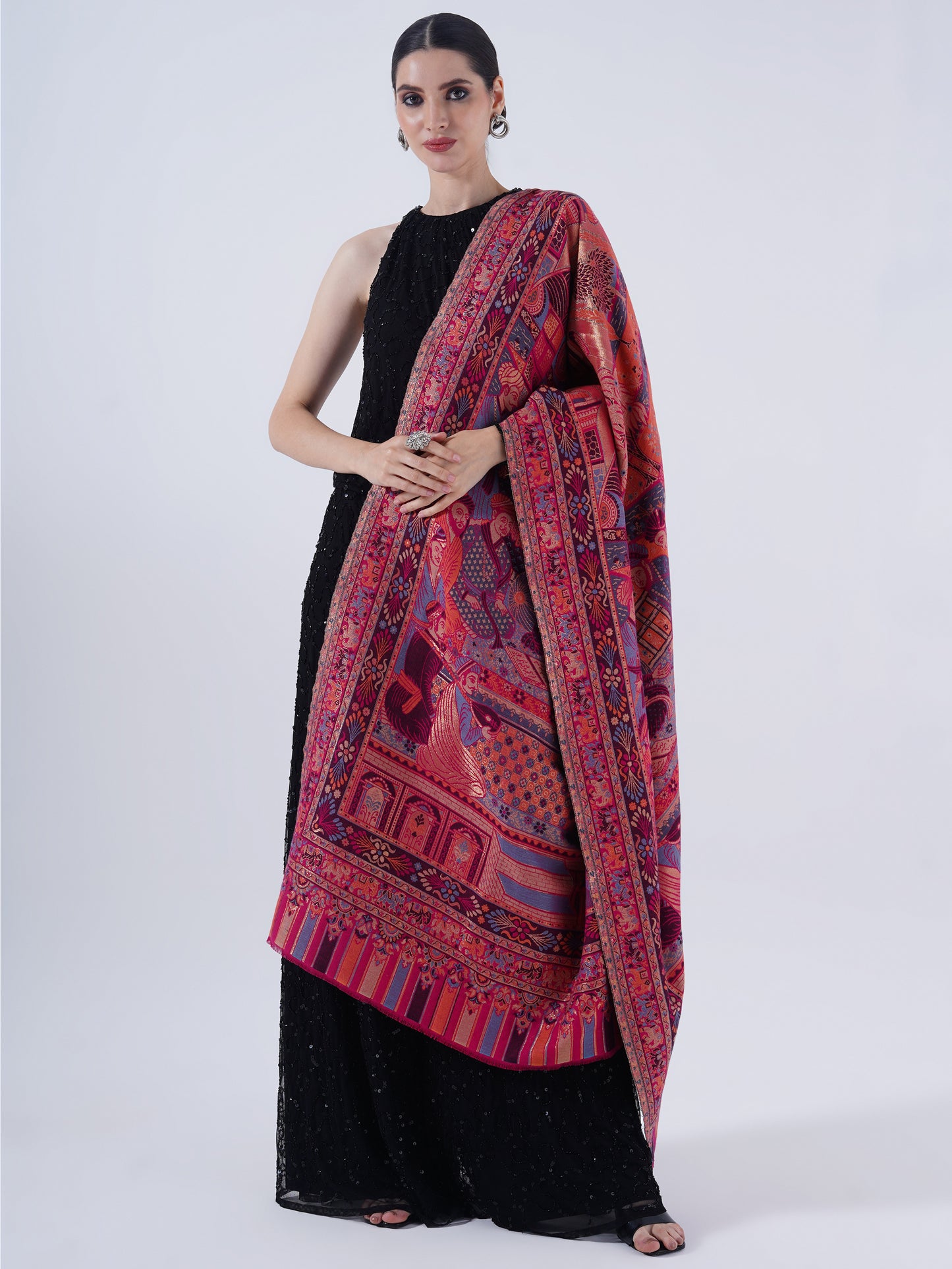 SOFT COTTON WOOL BLEND SHAWL WITH ZARI FOR WOMEN -EMERALD ELEGANCE