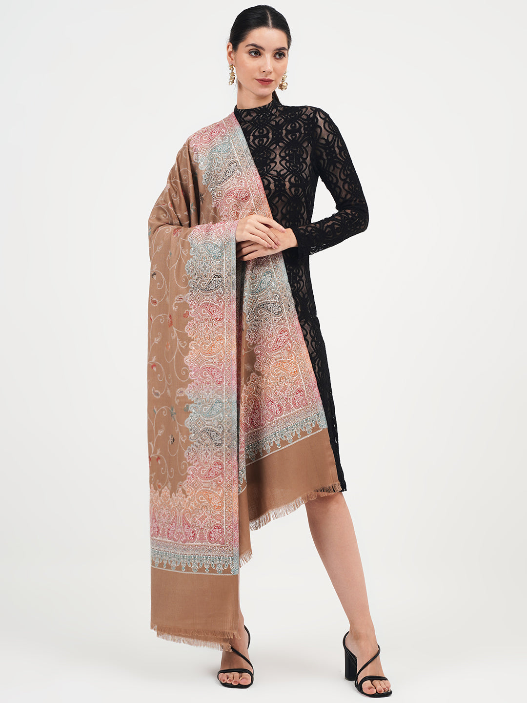 Faux Pashmina Traditional Jamawar Shawl - Rich Caramel Charm