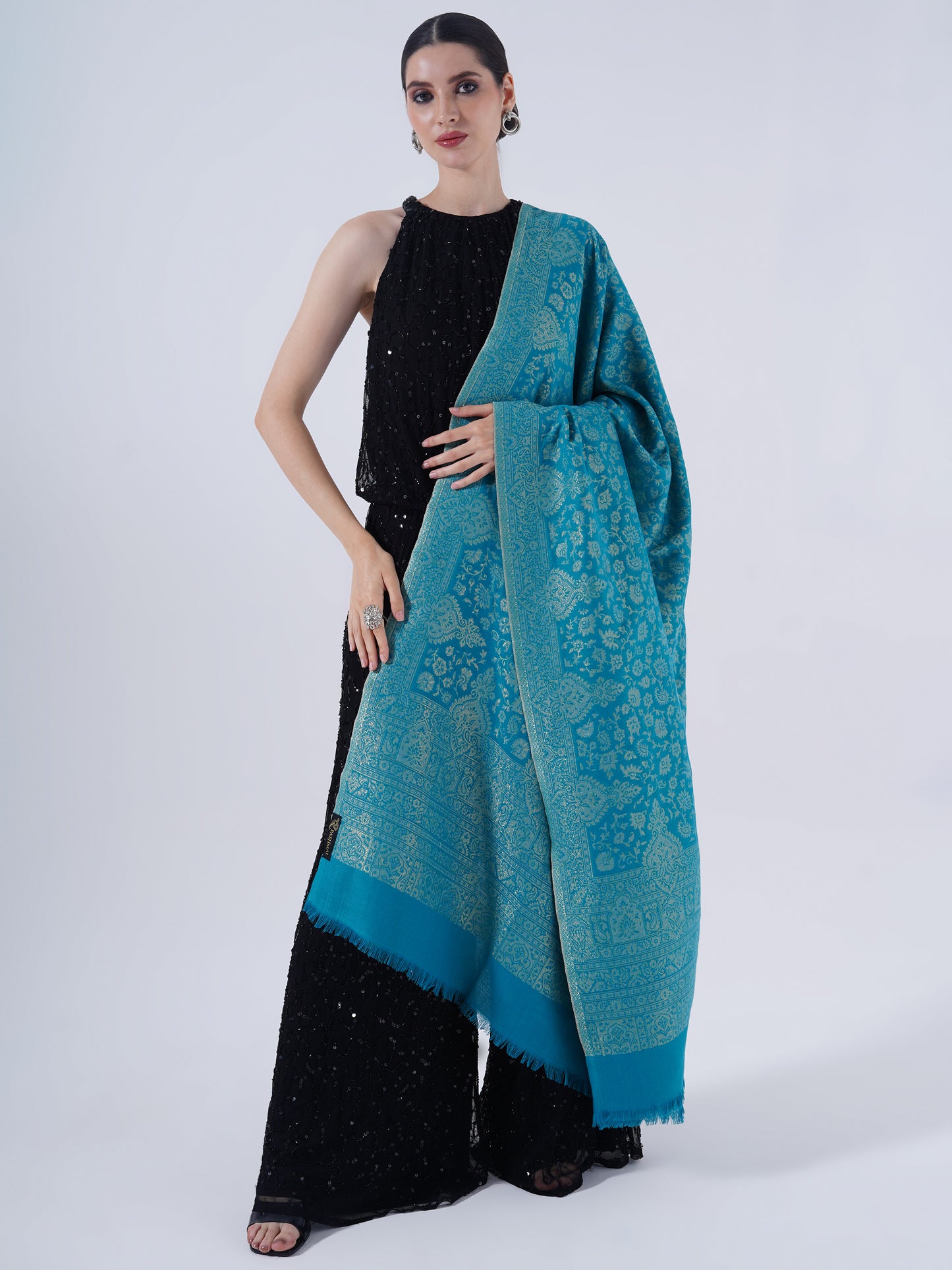 WOMEN'S TRADITIONAL ETHNIC WEAVE WOLLEN SHAWL -BREEZY BLUE