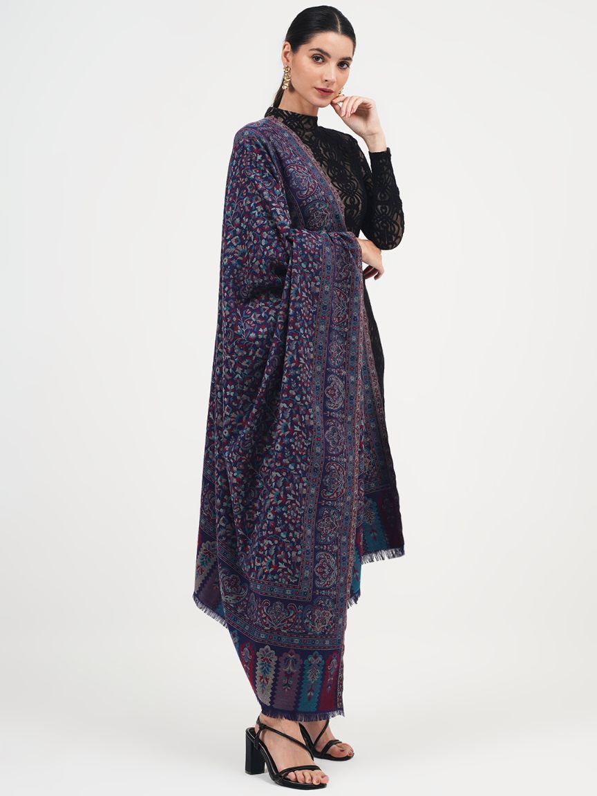 Antique Kashmiri Kani Stole with Sarvosk for Women - Midnight Blue