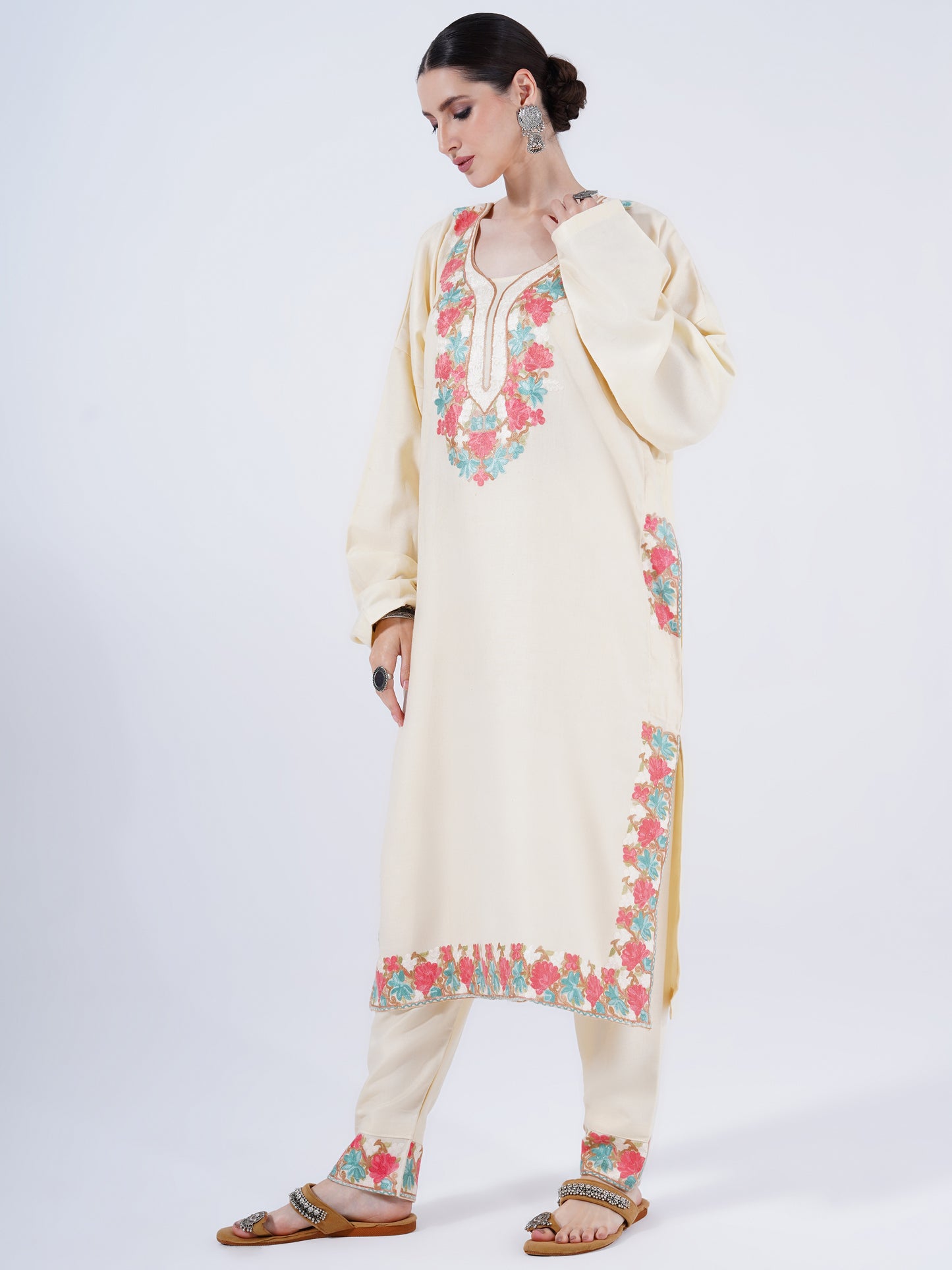 PASHMINA FAUX ACRYLIC PHIRAN OFF-WHITE UNSTITCHED SUIT FOR WOMEN