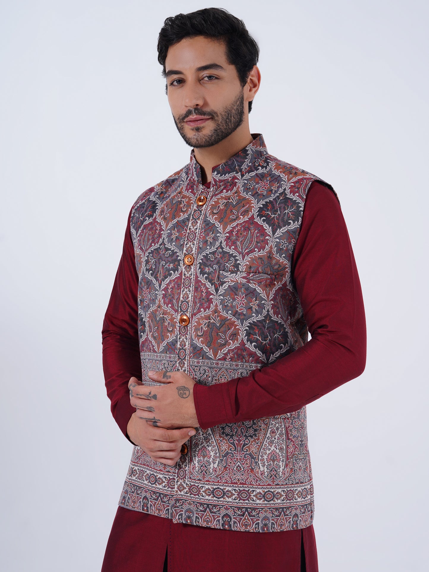 UNSTITCHED WOOLLEN NEHRU JACKET FOR MEN-TERRA COTTA
