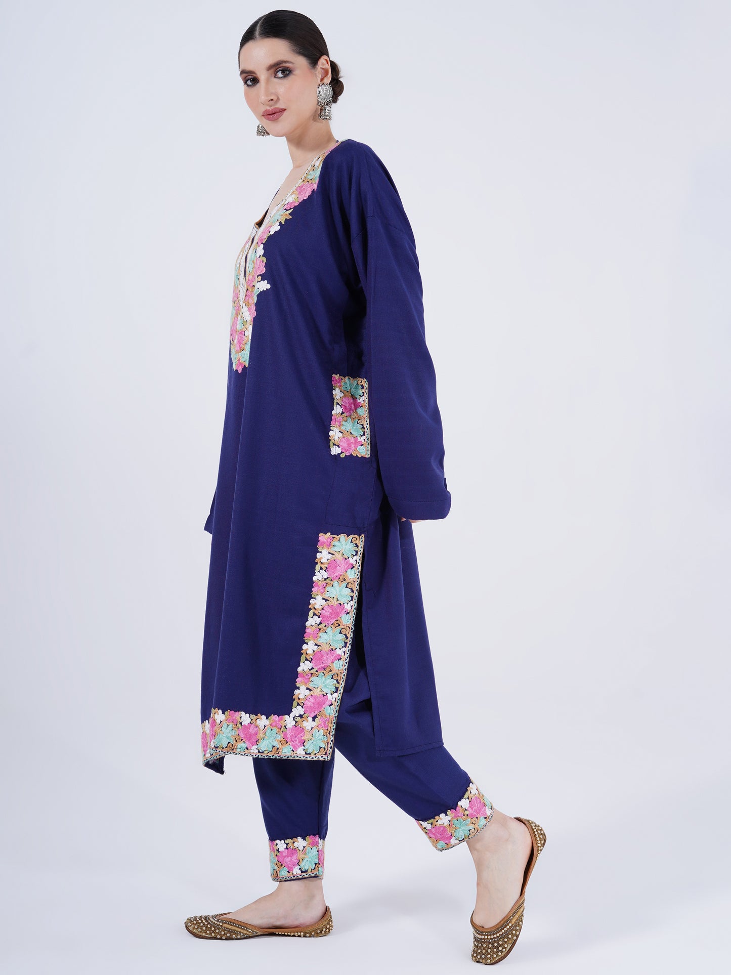 PASHMINA FAUX ACRYLIC PHIRAN BLUE UNSTITCHED SUIT FOR WOMEN