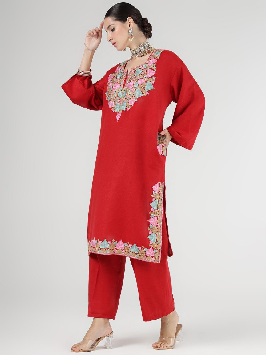 Pashmina Faux Acrylic Phiran Maroon Unstitched Suit for Women