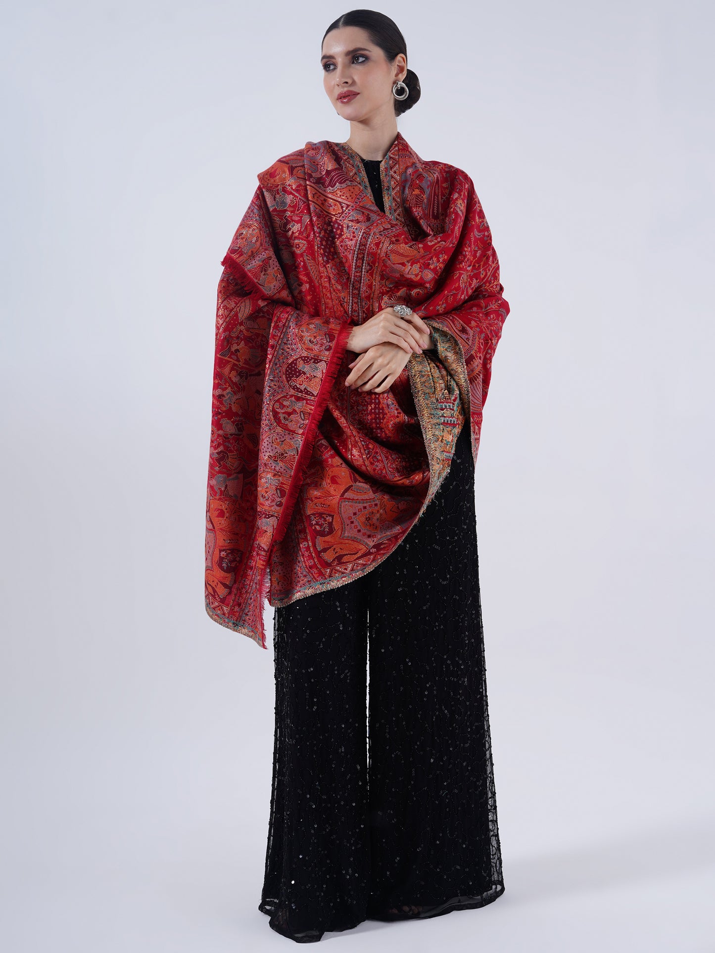 TRADITIONAL MUGHAL DARBAAR POLYSTER BLEND SHAWL-RICH CARAMEL CHARM