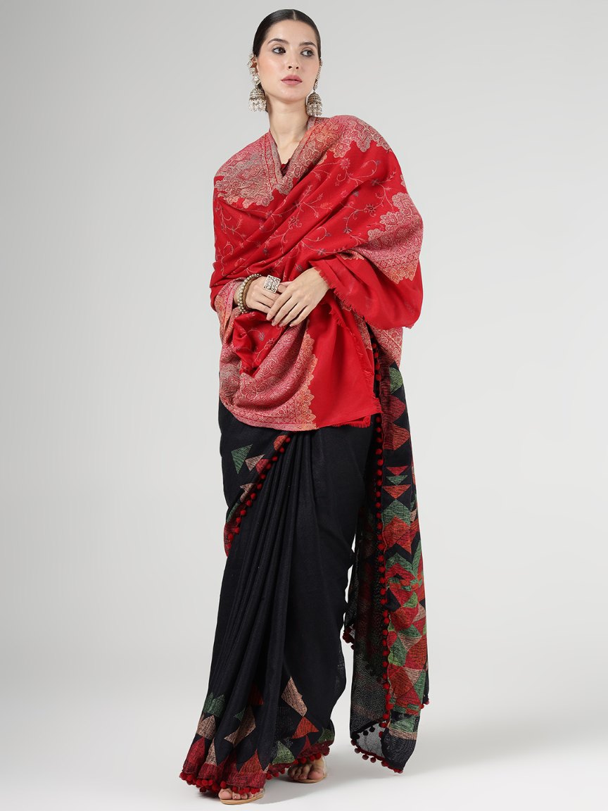 Faux Pashmina Traditional Jamawar Multy Shawl - Scarlet Red | | Full Size, Extra Soft